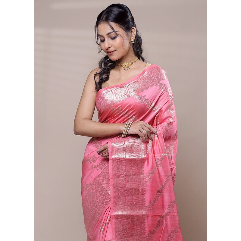 Pink Dupion Silk Saree With Blouse Piece - JD986607713