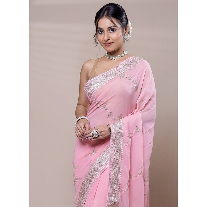 Pink Net Saree With Blouse Piece - JD986607711