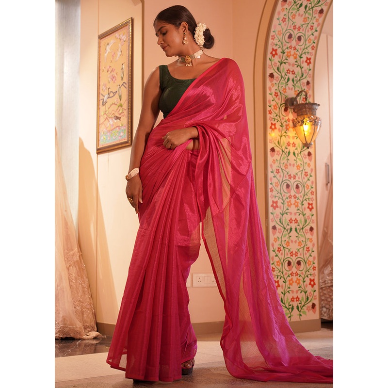 Pink Spun Silk Plain Work Saree Without Blouse Piece - JD986607733