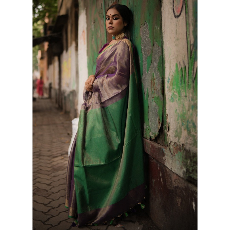 Purple Linen Silk Plain Work Saree Without Blouse Piece - JD986607732
