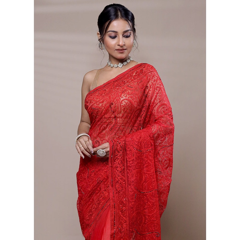 Red Net Saree With Blouse Piece - JD986607707