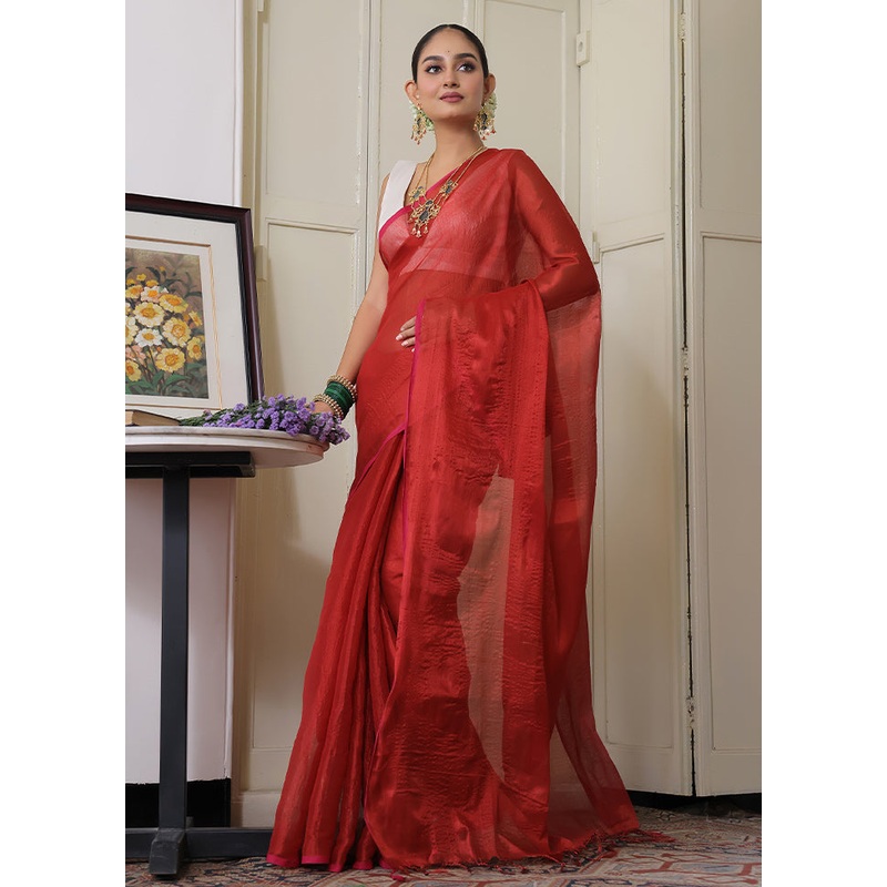 Red Spun Silk Plain Work Saree Without Blouse Piece - JD986607731