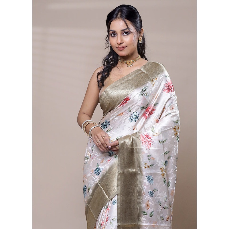 White Dupion Silk Saree With Blouse Piece - JD986607706