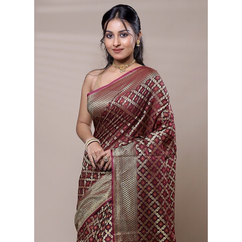 Wine Kora Silk Saree With Blouse Piece - JD986607708
