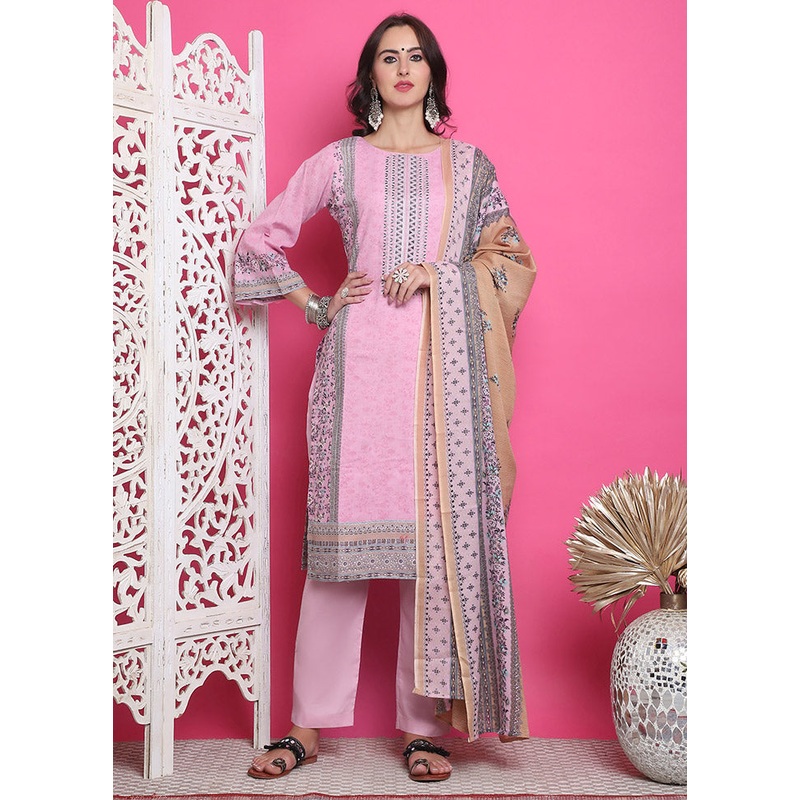 3 Pc Pink Unstitched Cotton Suit Set - JD986607328