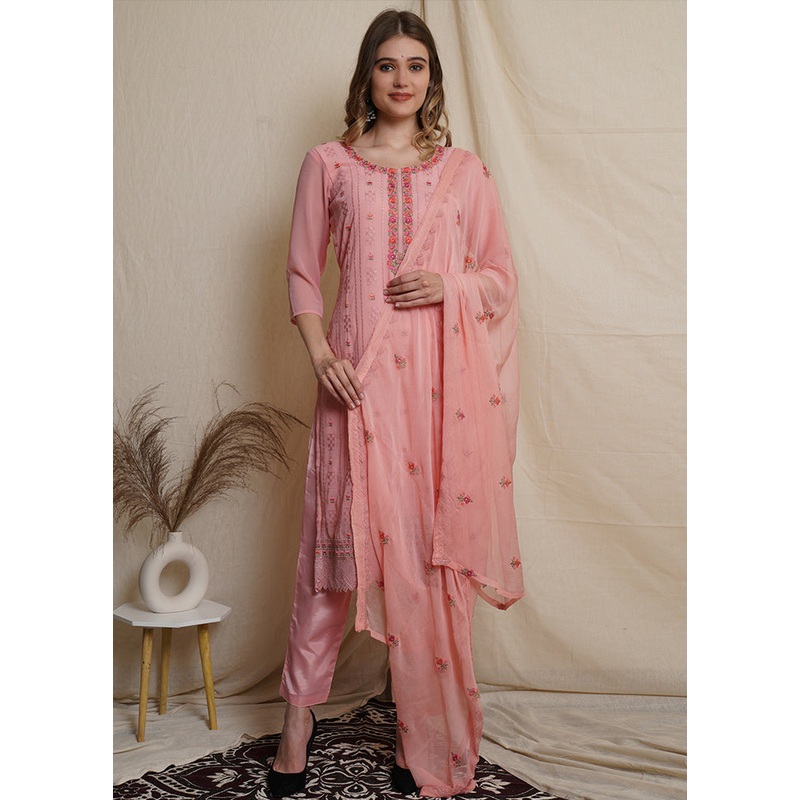 3 Pc Pink Unstitched Georgette Suit Set - JD986607329
