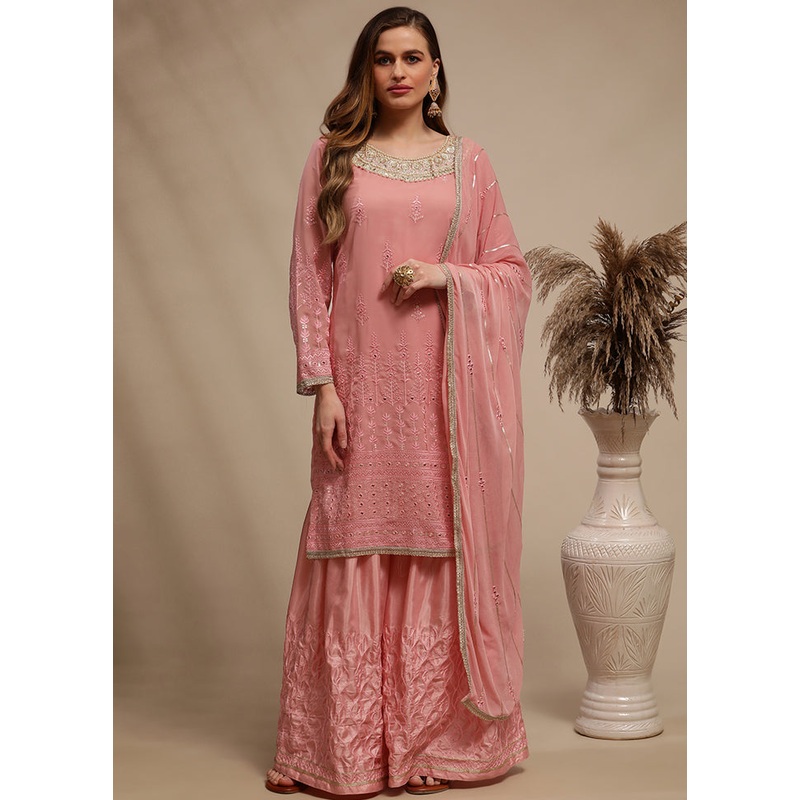 3 Pc Pink Unstitched Georgette Suit Set - JD986607330