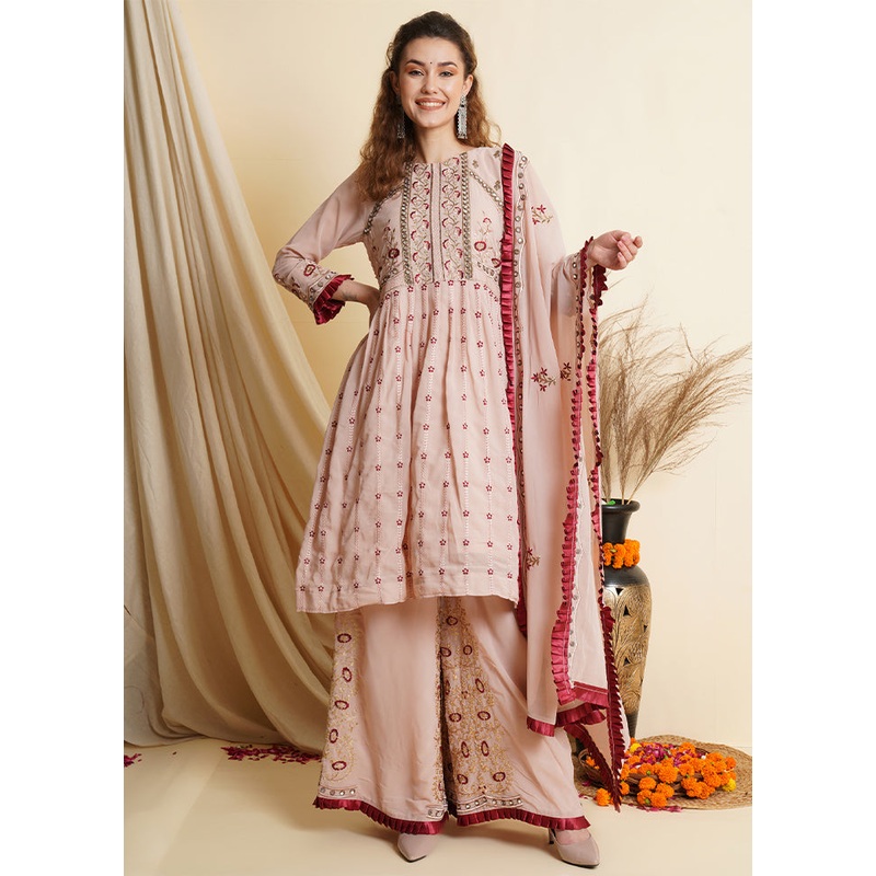 3 Pc Pink Unstitched Georgette Suit Set - JD986607331