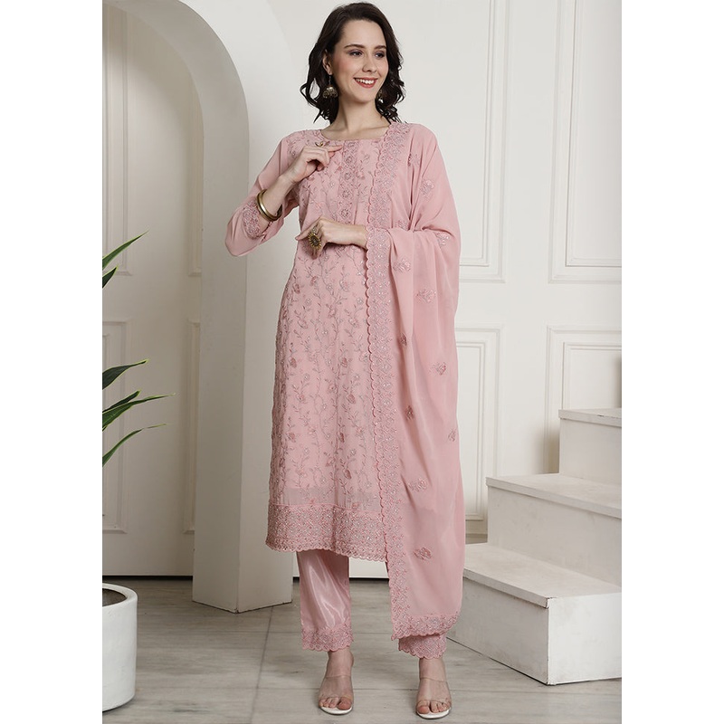 3 Pc Pink Unstitched Georgette Suit Set - JD986607332