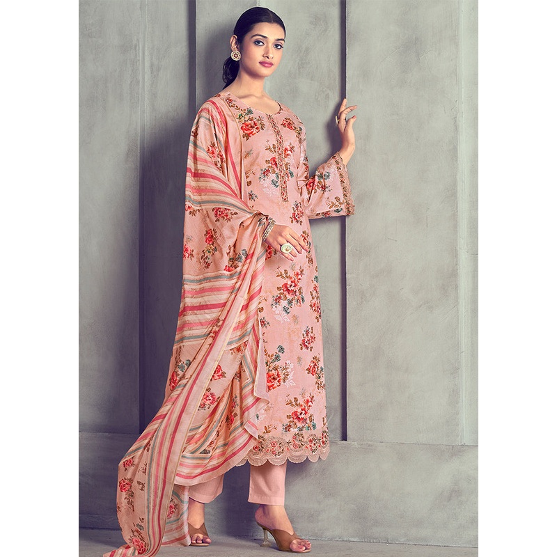 3 Pc Pink Unstitched Pure Cotton Suit Set - JD986607336