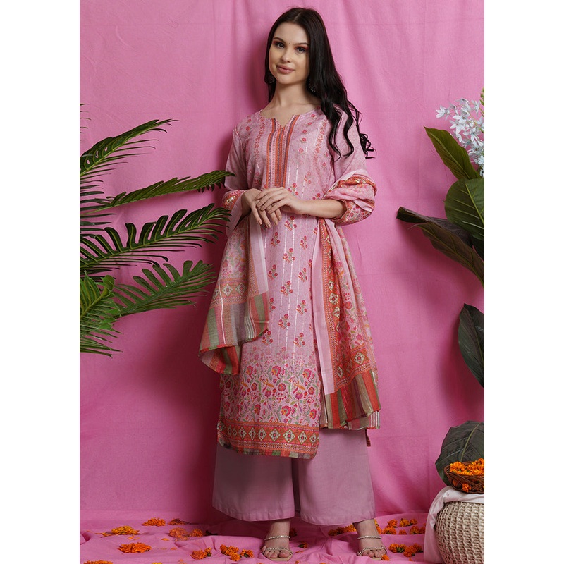 3 Pc Pink Unstitched Silk Suit Set - JD986607338
