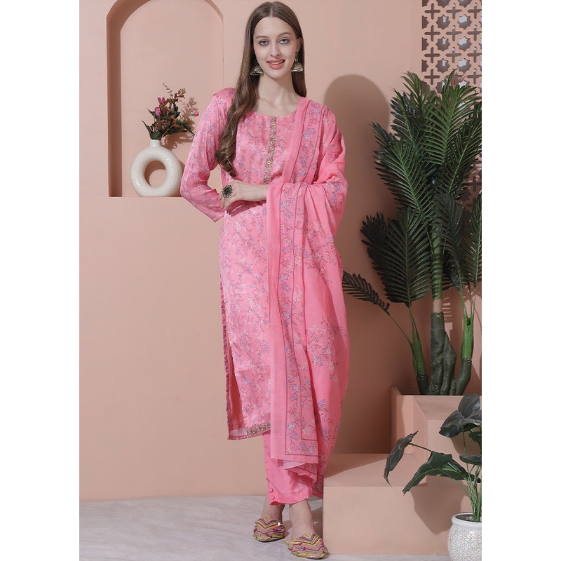 3 Pc Pink Unstitched Silk Suit Set - JD986607340