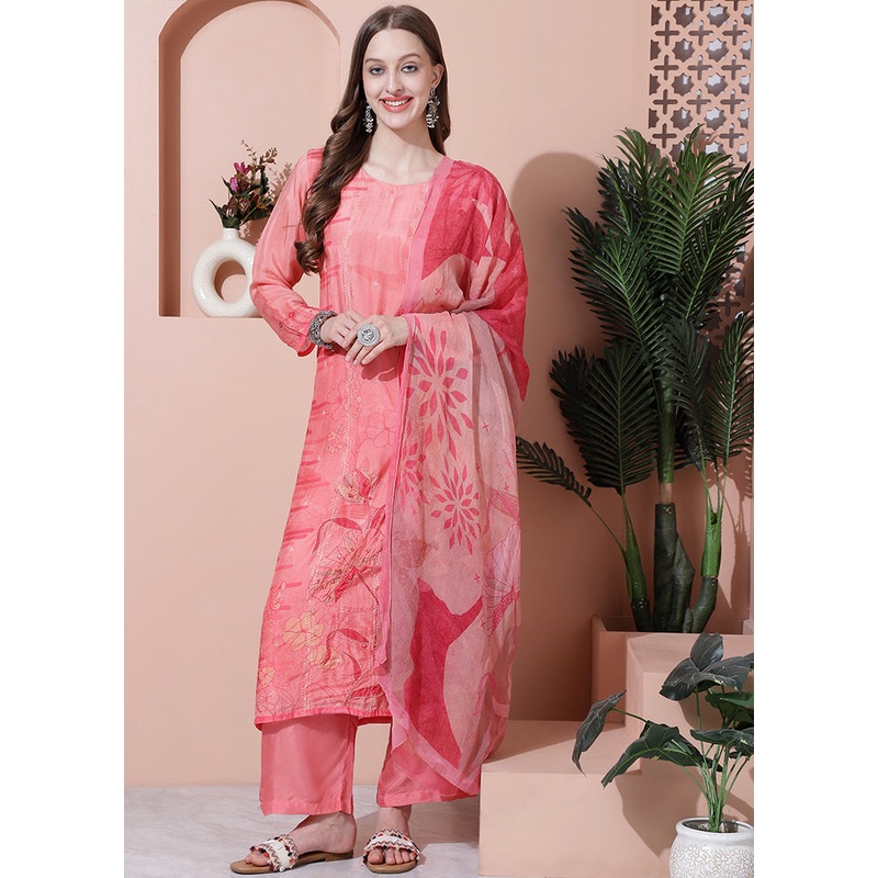 3 Pc Pink Unstitched Silk Suit Set - JD986607341