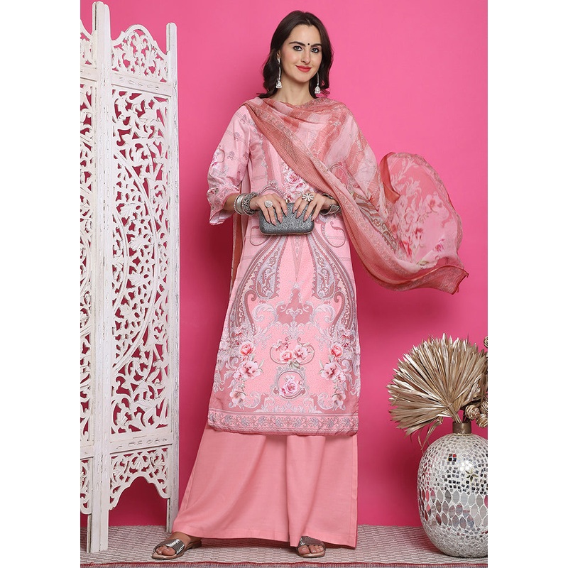 3 Pc Pink Unstitched Silk Suit Set - JD986607344