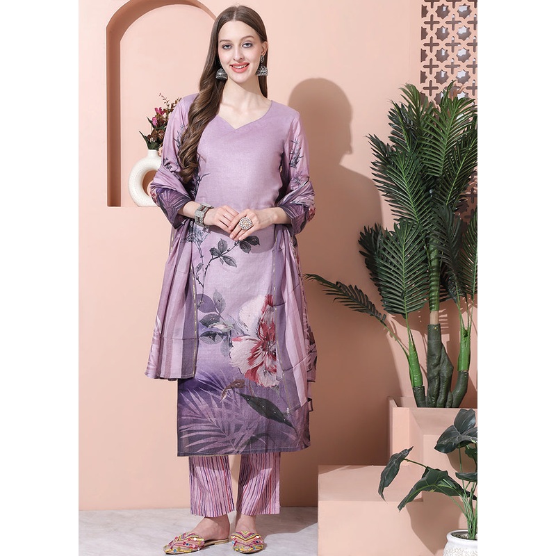 3 Pc Purple Unstitched Cotton Suit Set - JD986607346