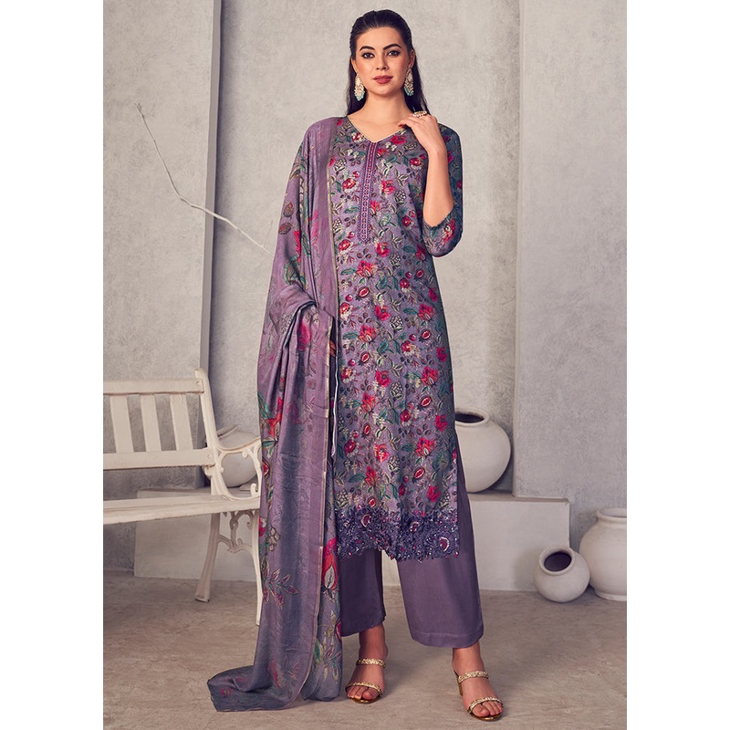 3 Pc Purple Unstitched Pure Pashmina Suit Set - JD986607347