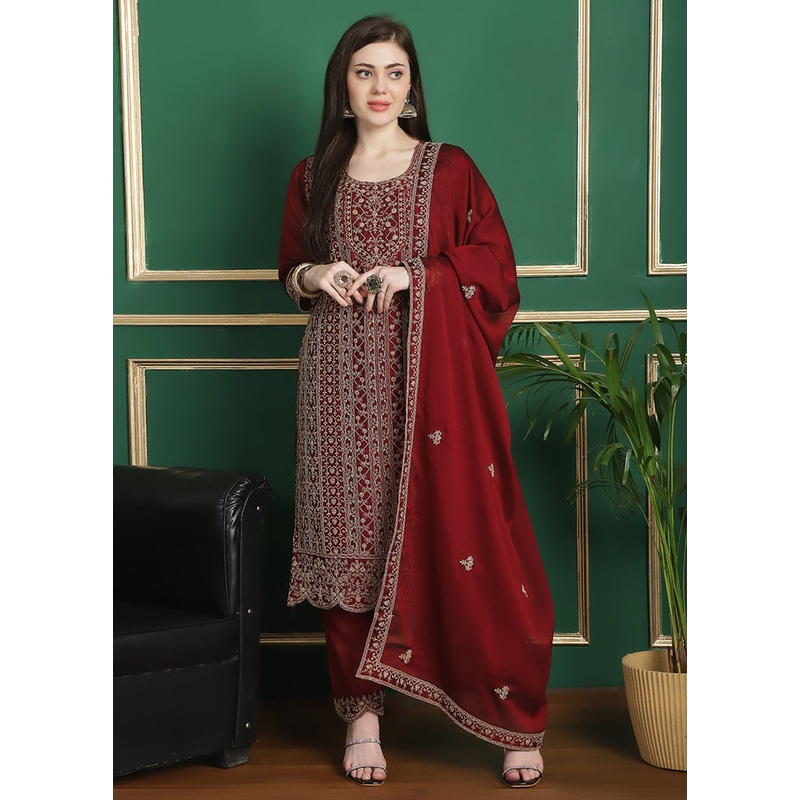 3 Pc Red Unstitched Georgette Suit Set - JD986607351
