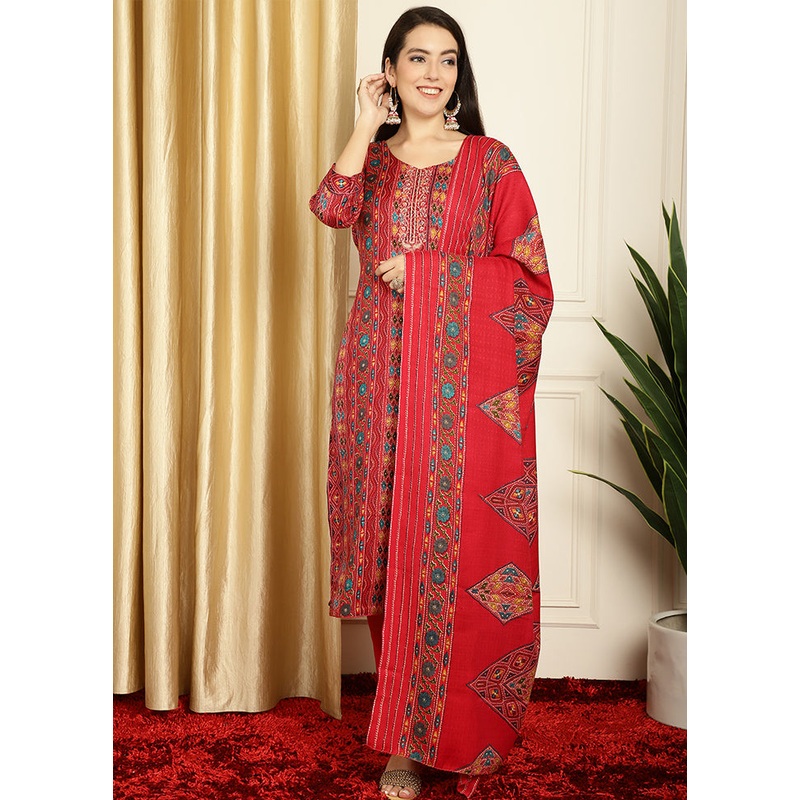 3 Pc Red Unstitched Pashmina Suit Set - JD986607352
