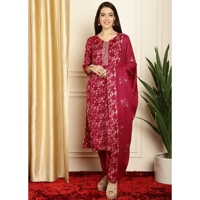 3 Pc Red Unstitched Pashmina Suit Set - JD986607353