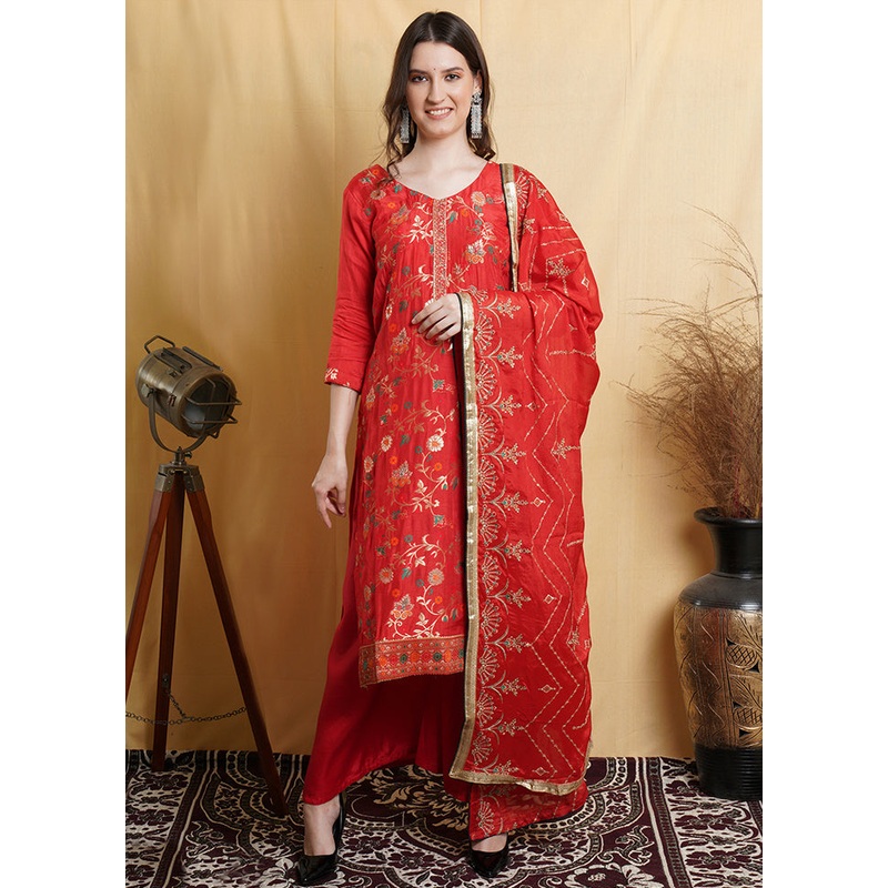 3 Pc Red Unstitched Silk Suit Set - JD986607354