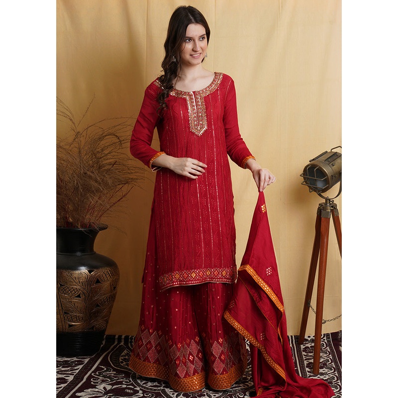 3 Pc Red Unstitched Silk Suit Set - JD986607355
