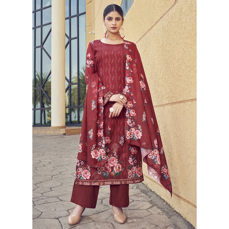 3 Pc Red Unstitched Silk Suit Set - JD986607356