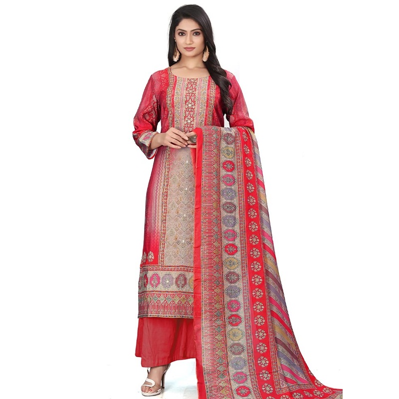3 Pc Red Unstitched Silk Suit Set - JD986607357