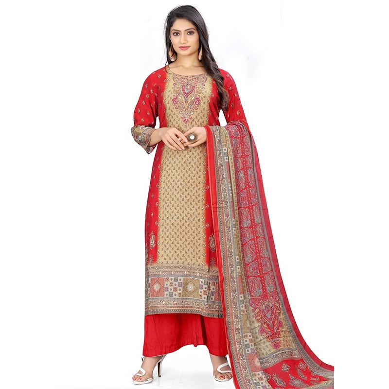 3 Pc Red Unstitched Silk Suit Set - JD986607358