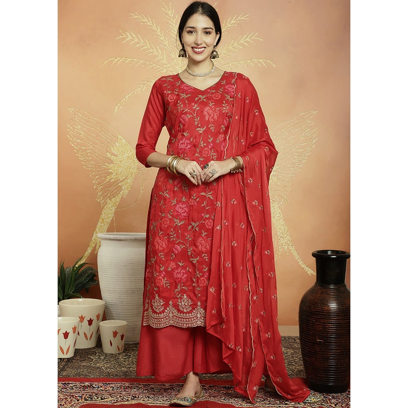 3 Pc Red Unstitched Silk Suit Set - JD986607359