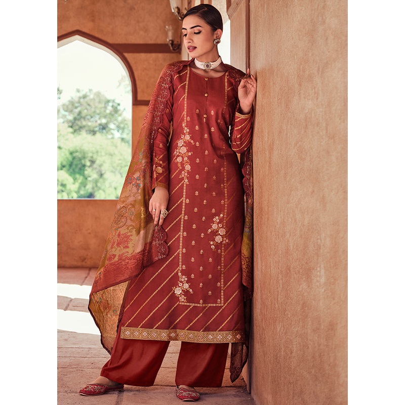 3 Pc Rust Unstitched Silk Suit Set - JD986607360