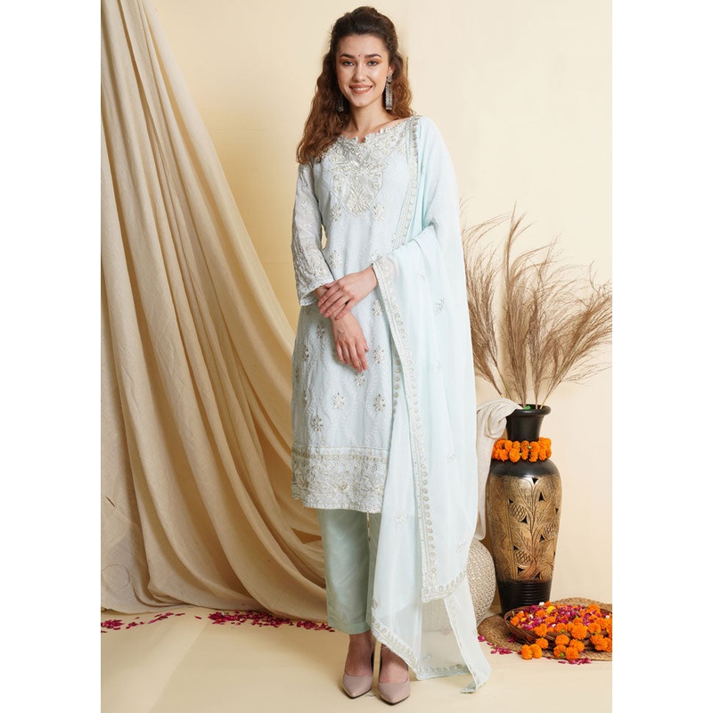 3 Pc Sky Blue Unstitched Georgette Suit Set - JD986607365