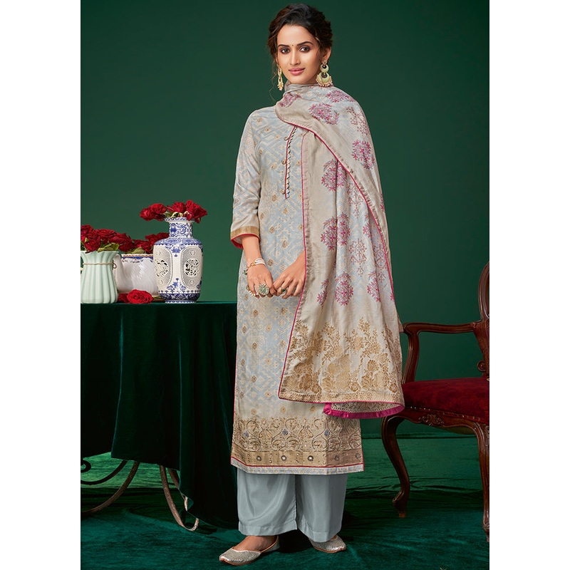 3 Pc Sky Blue Unstitched Silk Suit Set - JD986607364