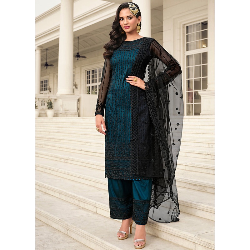 3 Pc Teal Unstitched Net Suit Set - JD986607369