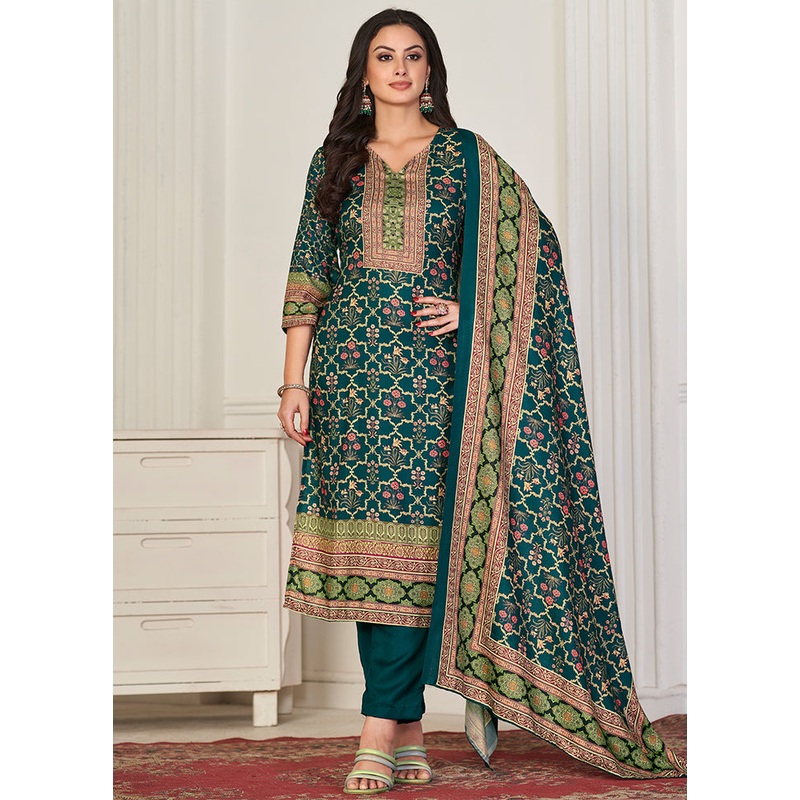 3 Pc Teal Unstitched Pashmina Suit Set - JD986607368