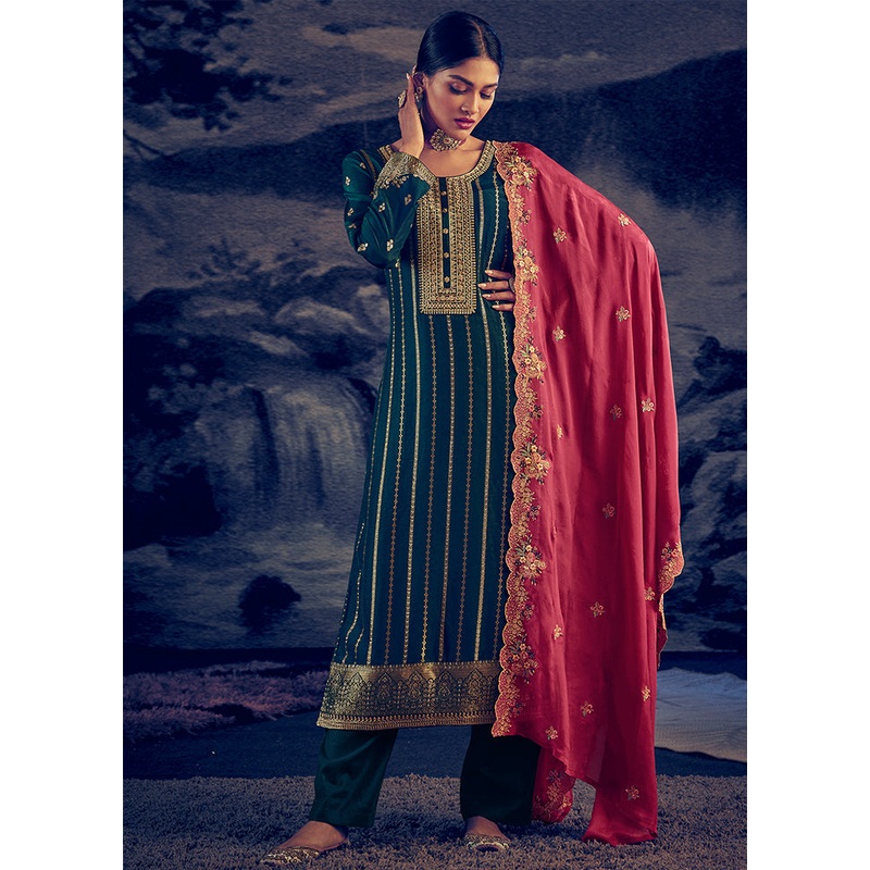 3 Pc Teal Unstitched Pure Silk Suit Set - JD986607370