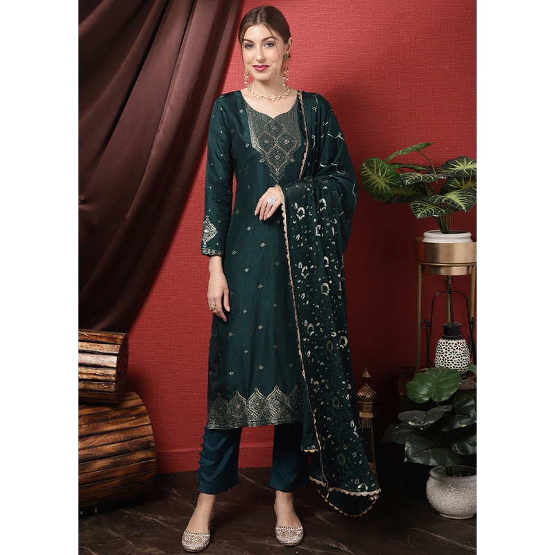 3 Pc Teal Unstitched Silk Suit Set - JD986607372