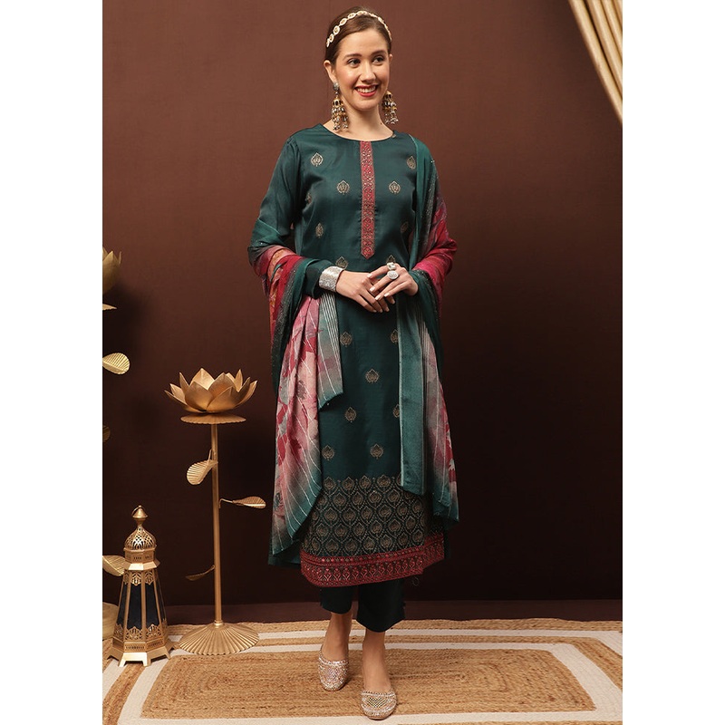 3 Pc Teal Unstitched Silk Suit Set - JD986607373