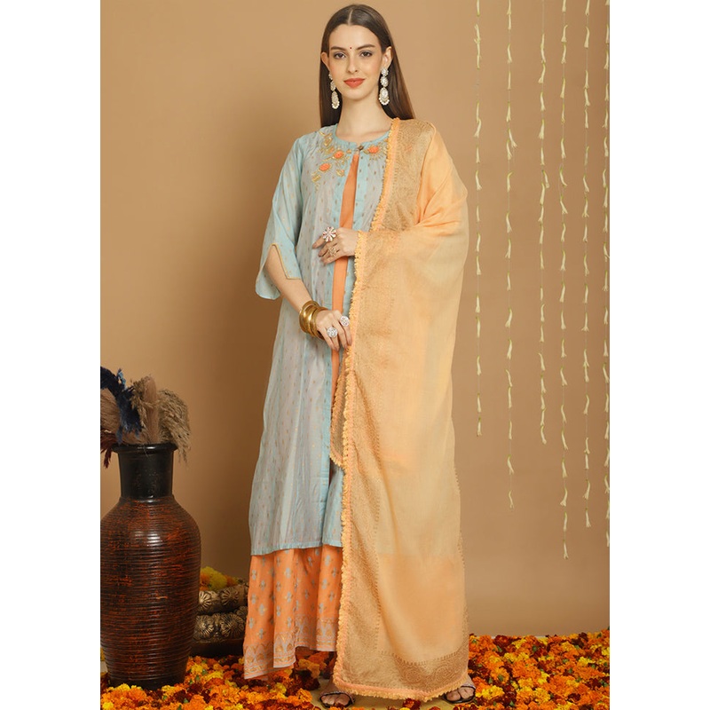 3 Pc Turquoise Unstitched Chanderi Suit Set - JD986607374