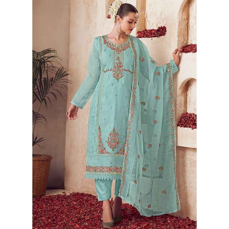 3 Pc Turquoise Unstitched Net Suit Set - JD986607375