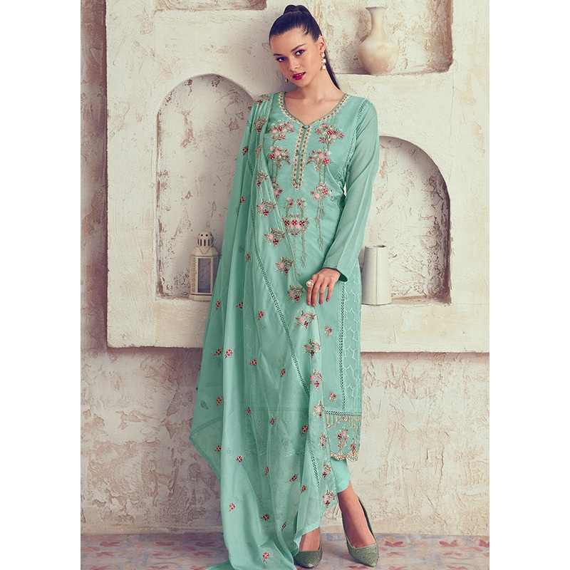 3 Pc Turquoise Unstitched Net Suit Set - JD986607376