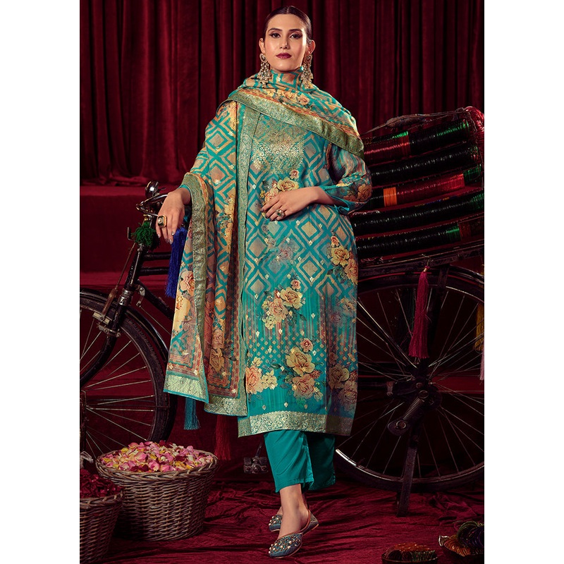 3 Pc Turquoise Unstitched Net Suit Set - JD986607378