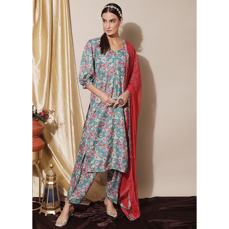 3 Pc Turquoise Unstitched Silk Suit Set - JD986607377