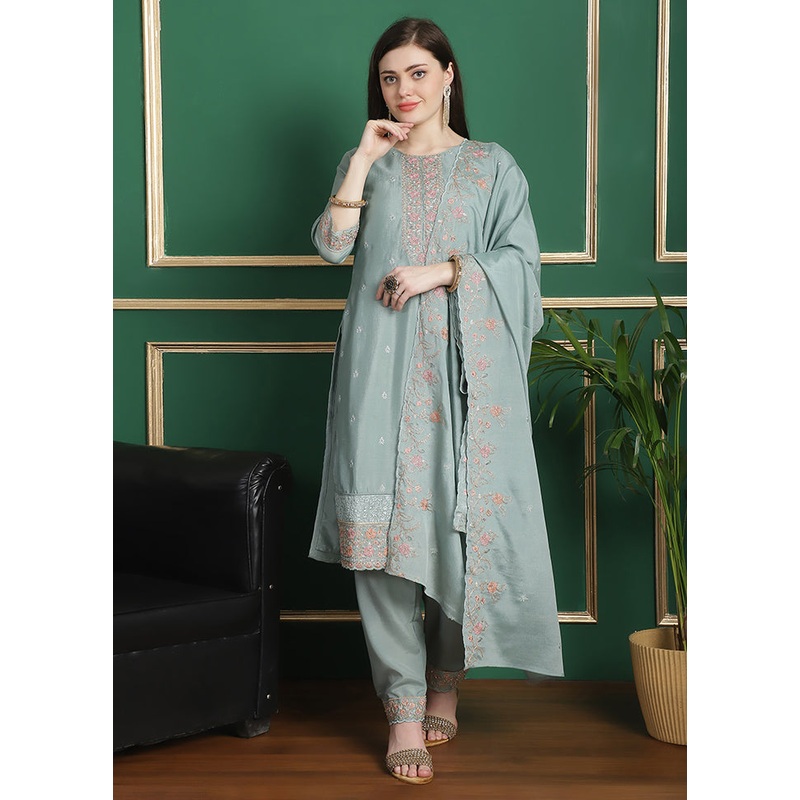 3 Pc Turquoise Unstitched Silk Suit Set - JD986607379