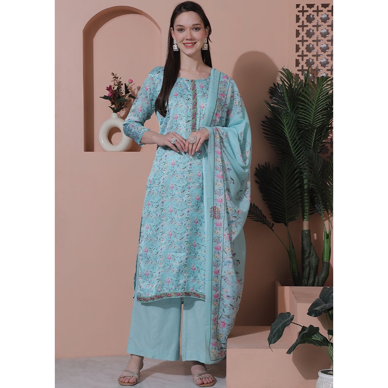 3 Pc Turquoise Unstitched Silk Suit Set - JD986607380