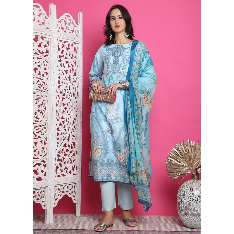 3 Pc Turquoise Unstitched Silk Suit Set - JD986607382