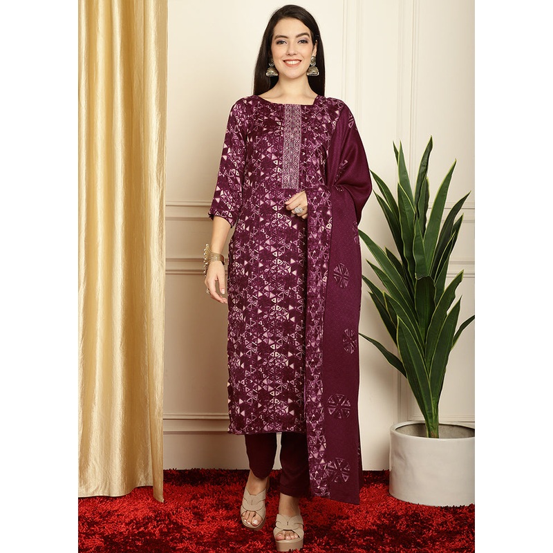 3 Pc Wine Unstitched Pashmina Suit Set - JD986607381