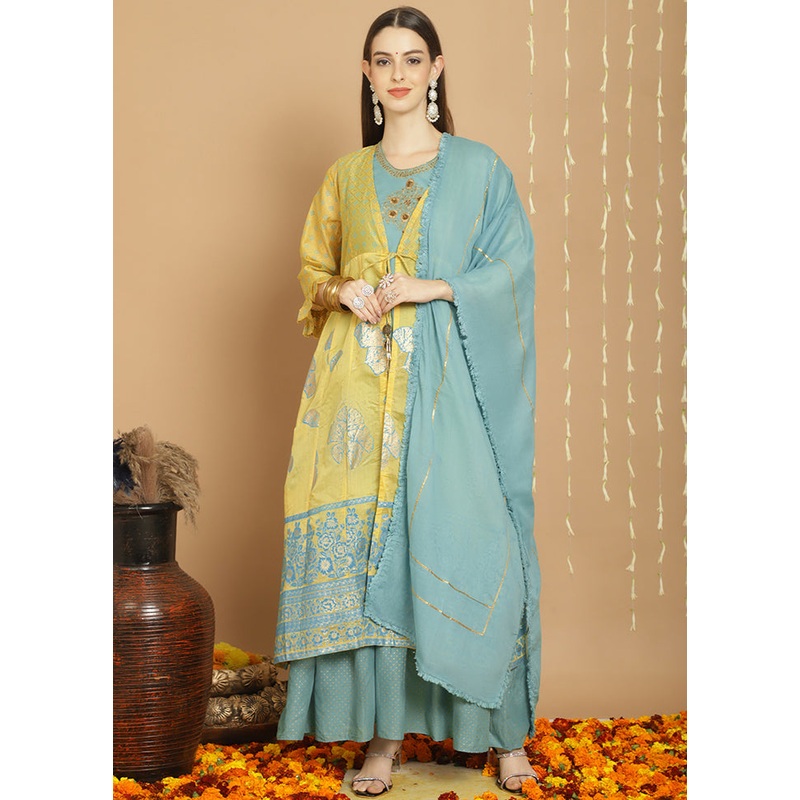 3 Pc Yellow Unstitched Chanderi Suit Set - JD986607387