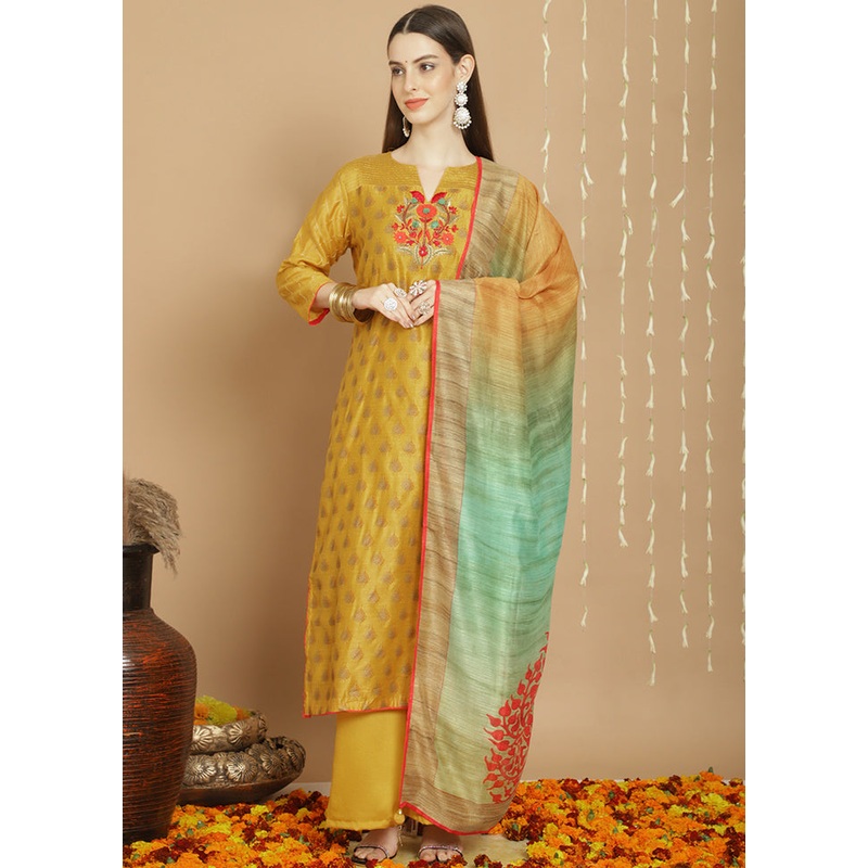 3 Pc Yellow Unstitched Chanderi Suit Set - JD986607388