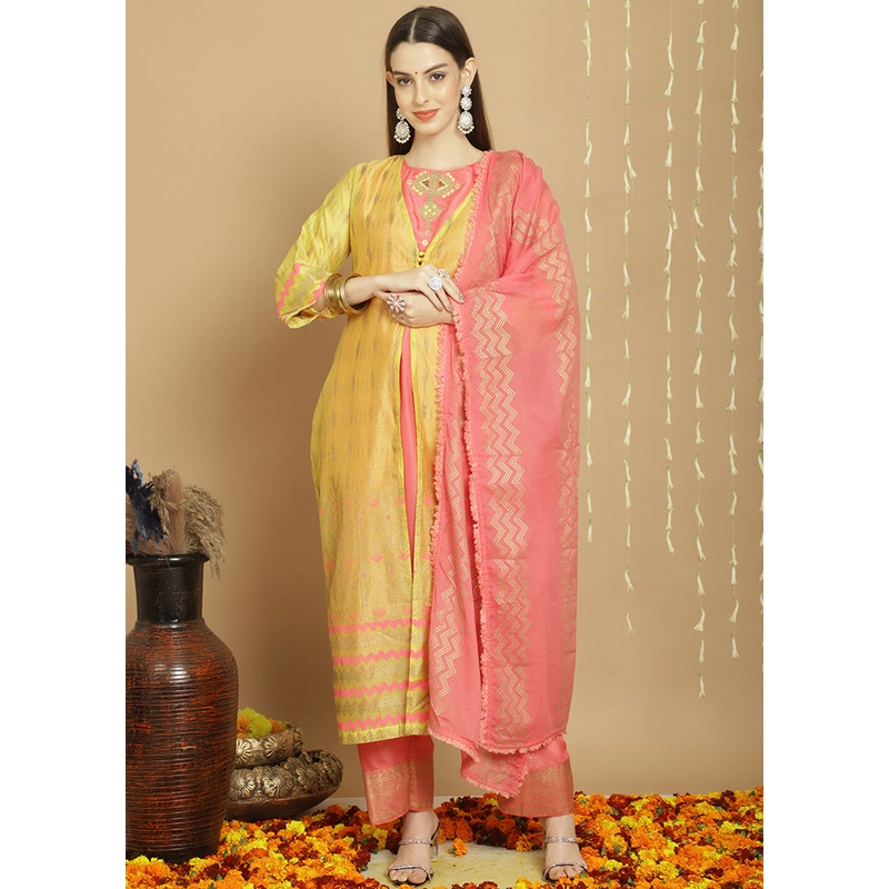 3 Pc Yellow Unstitched Chanderi Suit Set - JD986607389