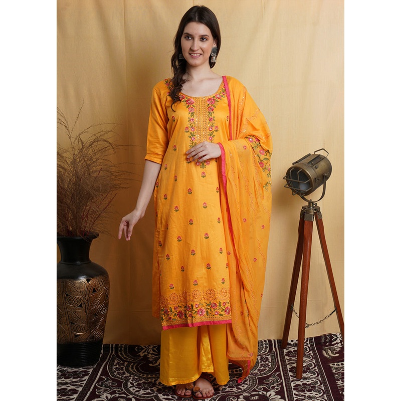 3 Pc Yellow Unstitched Cotton Suit Set - JD986607390